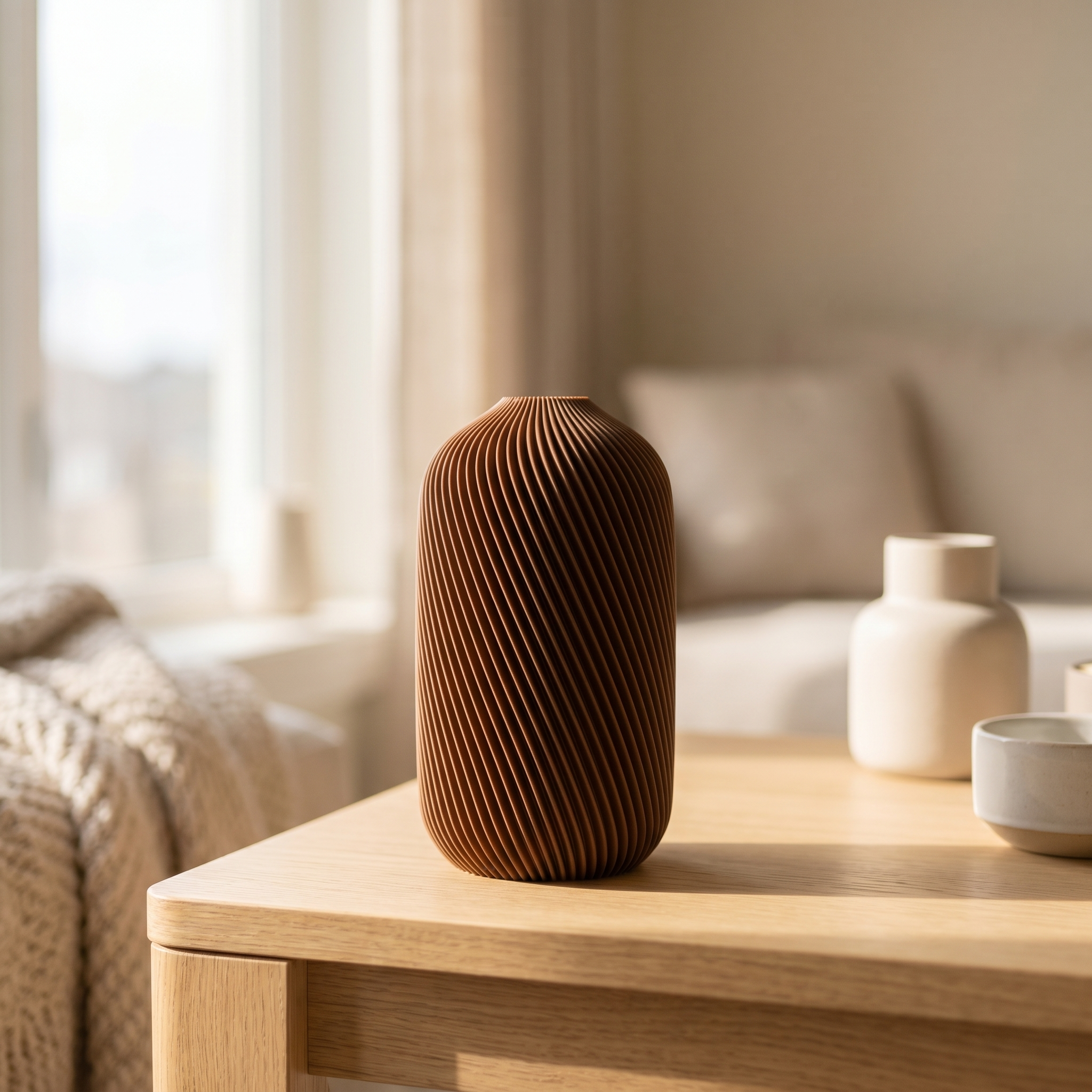 Ribbed Vase for Pampas Grass, Boho Flower Vase for Dried Flowers, Modern Brown Vase, Minimalist Home Decor, Shelf & Table Centerpiece