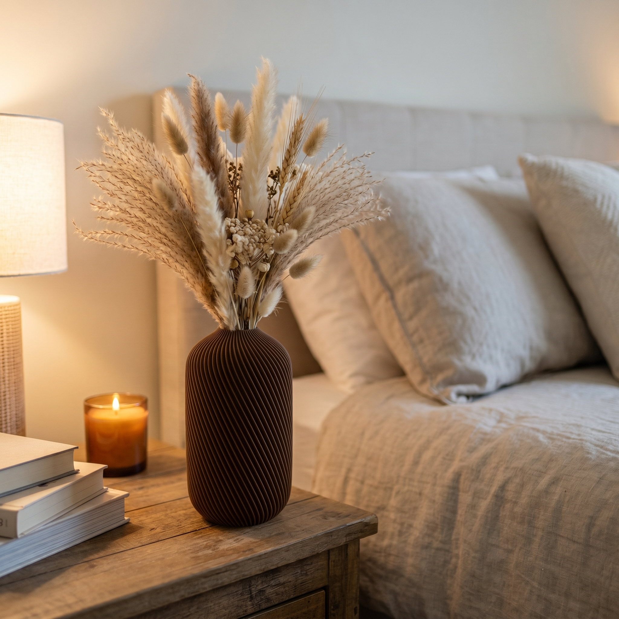 Ribbed Vase for Pampas Grass, Boho Flower Vase for Dried Flowers, Modern Brown Vase, Minimalist Home Decor, Shelf & Table Centerpiece