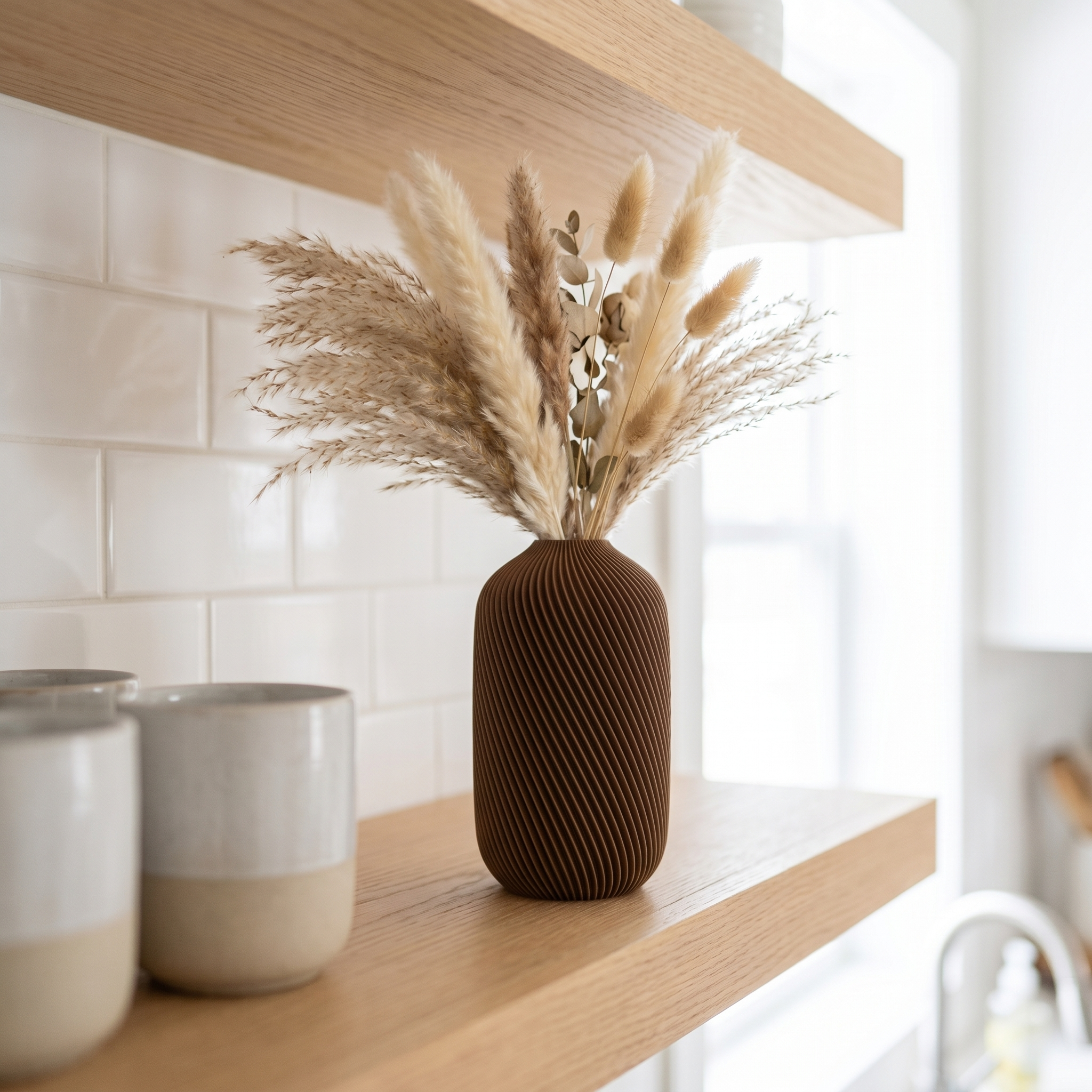 Ribbed Vase for Pampas Grass, Boho Flower Vase for Dried Flowers, Modern Brown Vase, Minimalist Home Decor, Shelf & Table Centerpiece