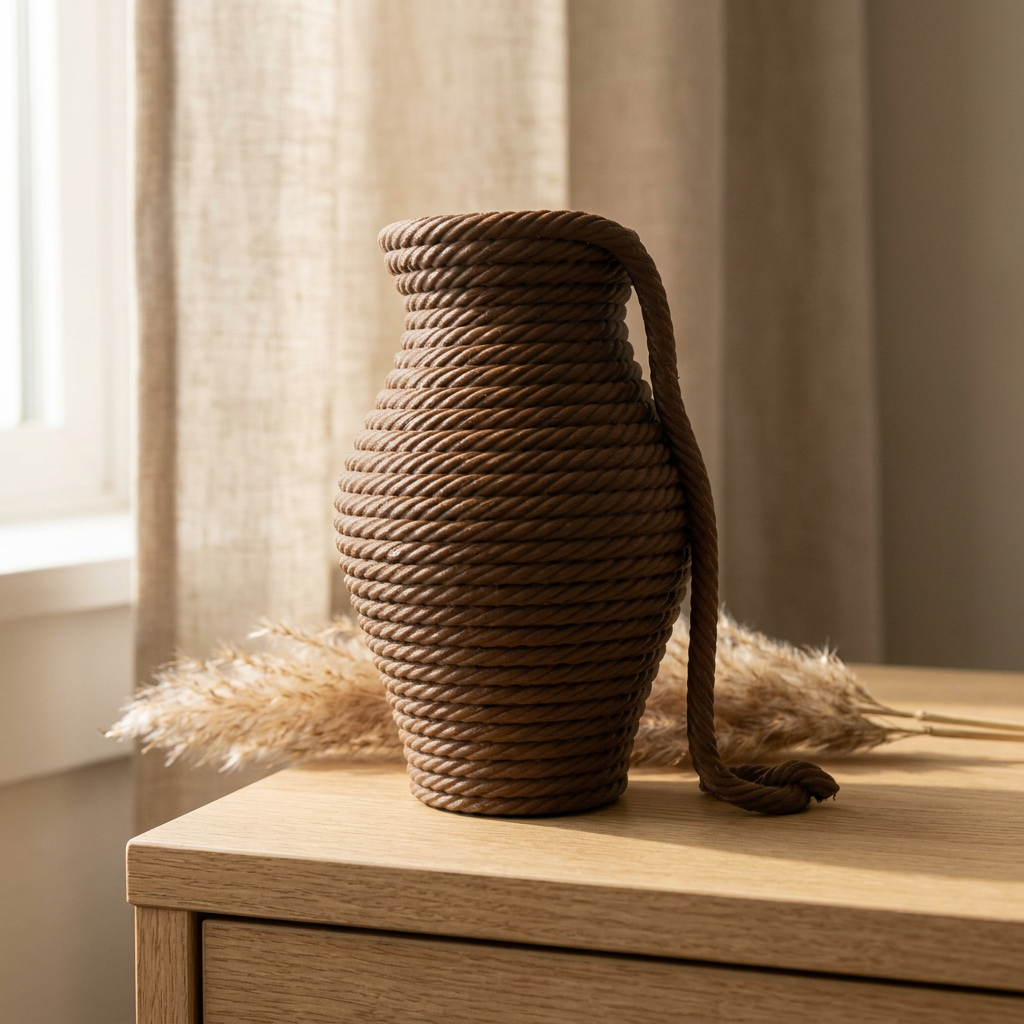 Rope Textured Vase, Boho Decorative Vase for Pampas Grass & Dried Flowers, Coastal Farmhouse Home Decor, Neutral Tan Faux Flower Vase Gift