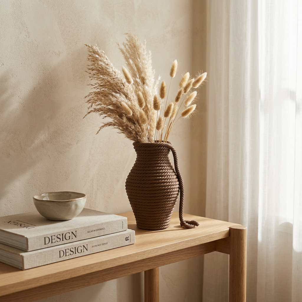 Rope Textured Vase, Boho Decorative Vase for Pampas Grass & Dried Flowers, Coastal Farmhouse Home Decor, Neutral Tan Faux Flower Vase Gift